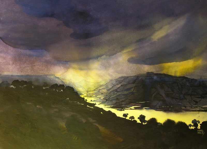 Krishna Valley Panchgani' landscape watercolor painting by artist Sunil Kale, 22x30 inch, on paper