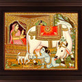 Religious tanjore traditional art titled 'Krishna with Cow Tanjore Painting', 24x18 inches, by artist Myangadi Tanjore on Plywood