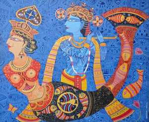Religious acrylic painting titled 'Krishna With Dream Girl', 30x36 inches, by artist Bhaskar Lahiri on Canvas
