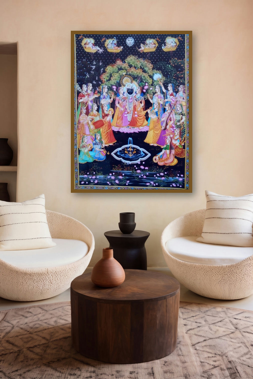 Krishna With Gopi (Divine Raas Leela) by artist Rajendra Khanna displayed in a Minimalist gallery