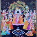 Religious tribal painting titled 'Krishna with Gopi', 72x48 inches, by artist Rajendra Khanna on Cloth