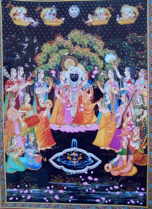 Krishna With Gopi (Divine Raas Leela) by Rajendra Khanna, Original Tribal Religious Painting on Cloth, X-Large Vertical Wall Art