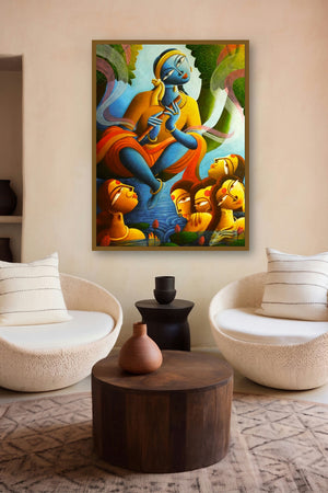 Krishna With Gopiyan by artist Dhananjay Mukherjee displayed in a Luxury gallery