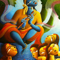 Religious acrylic painting titled 'Krishna With Gopiyan', 48x60 inches, by artist Dhananjay Mukherjee on Canvas