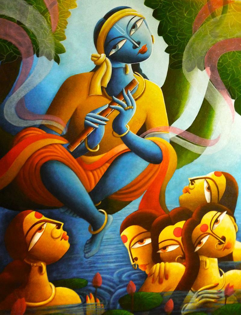 Religious acrylic painting titled 'Krishna With Gopiyan', 48x60 inches, by artist Dhananjay Mukherjee on Canvas