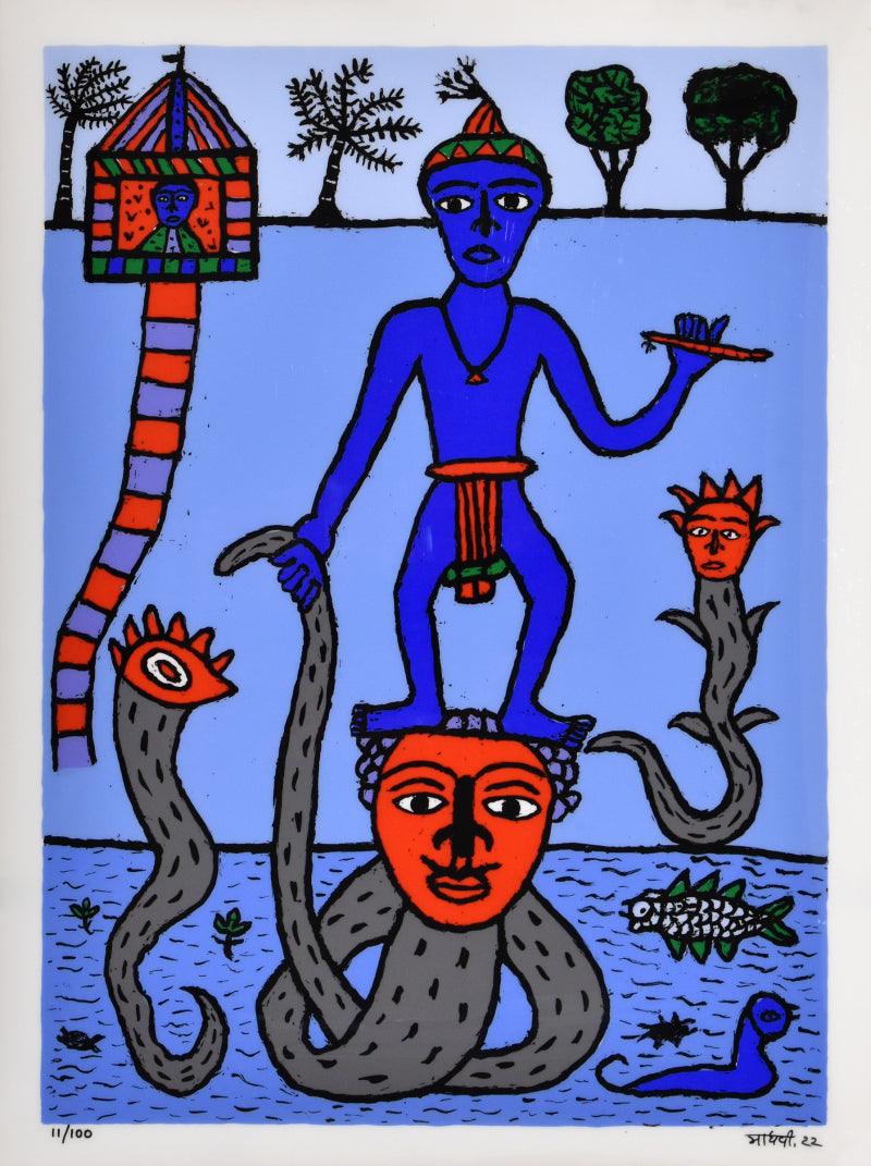 Religious reverse serigraph painting titled 'Krishna With Kalia', 32x24 inches, by artist Madhvi Parekh on Acrylic