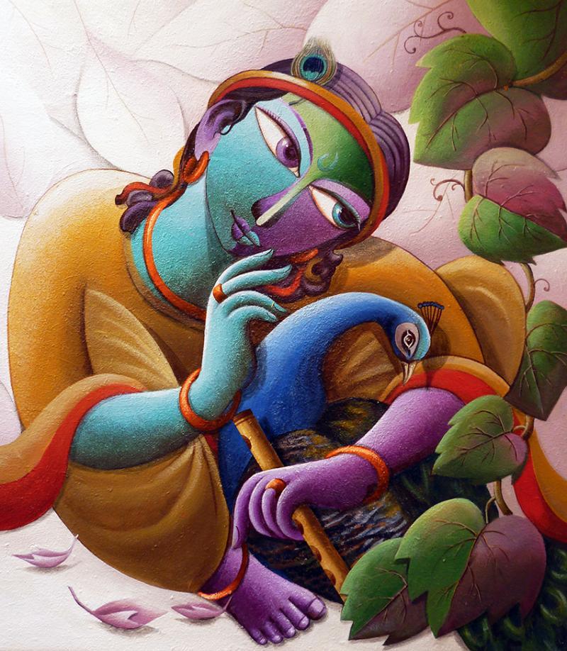 Religious acrylic painting titled 'Krishna With Peacock', 30x28 inches, by artist Dhananjay Mukherjee on Canvas