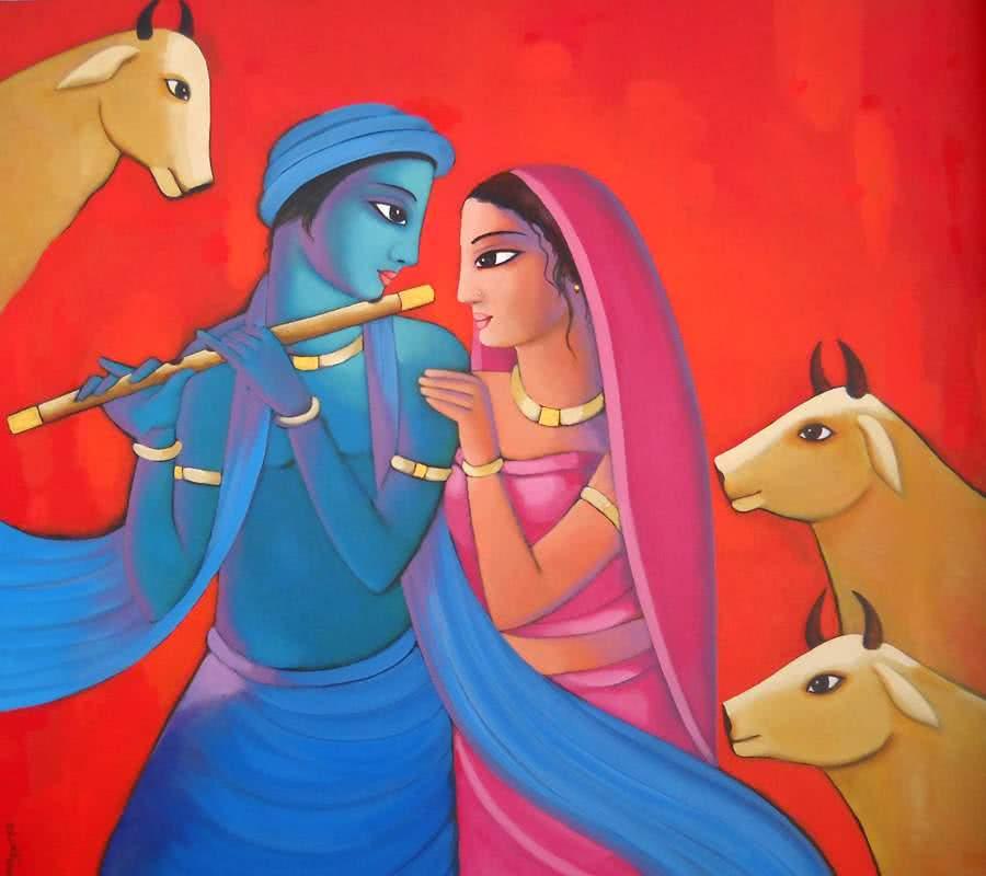 Fantasy acrylic painting titled 'Krishna With She (iii)', 48x54 inches, by artist Sekhar Roy on Canvas