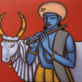Religious acrylic painting titled 'Krishna With White Cow', 38x38 inches, by artist Balaji Ubale on Canvas