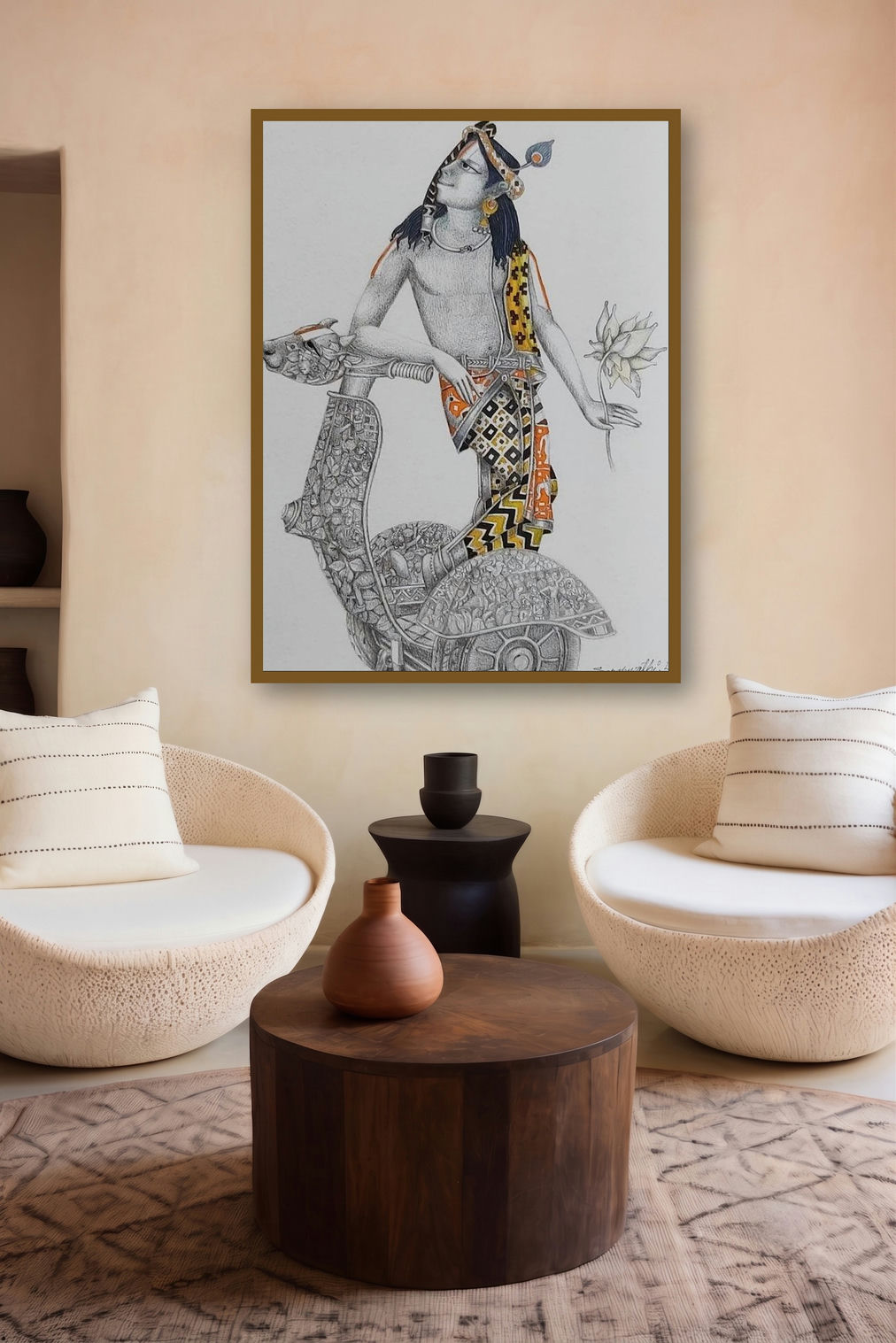 Krishna With Z Scooter (Krishna with Lotus) by artist Saraswathi Lingampally displayed in a Boutique gallery