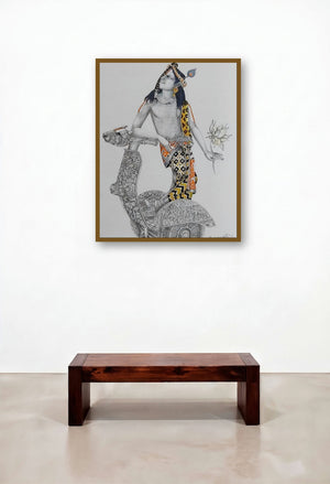 Krishna With Z Scooter (Krishna with Lotus) by artist Saraswathi Lingampally displayed in a Japandi Penthouse