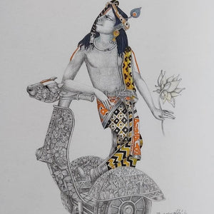 Krishna With Z Scooter (Krishna with Lotus) by Saraswathi Lingampally, Original Mixed Media Religious Painting on Paper, X-Small Vertical Wall Art