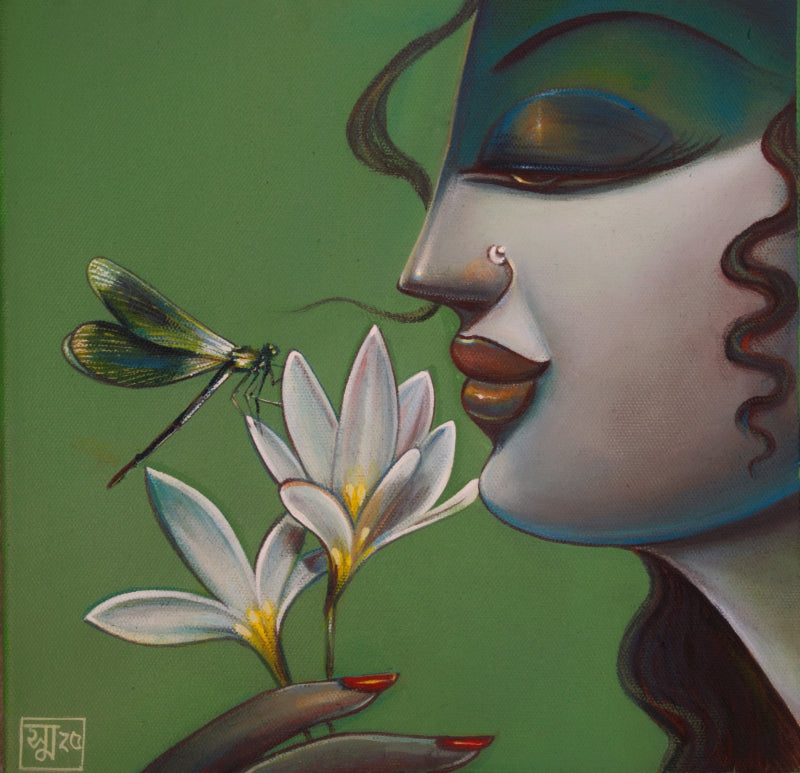 Krishnakali' figurative acrylic painting by artist Sumon Naskar, 10x10 inch, on canvas