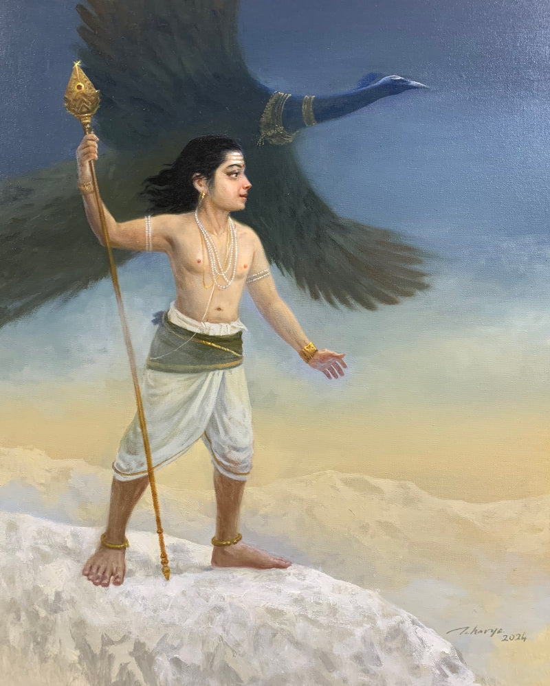 Kumar Kartikeya' religious oil painting by artist Abhisarika Nayika, 30x24 inch, on canvas