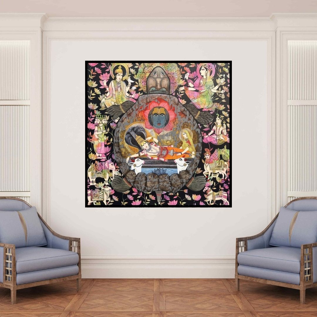 In-situ view of Ashok Rathod's 'Kurma (Cosmic Slumber)' painting in a room