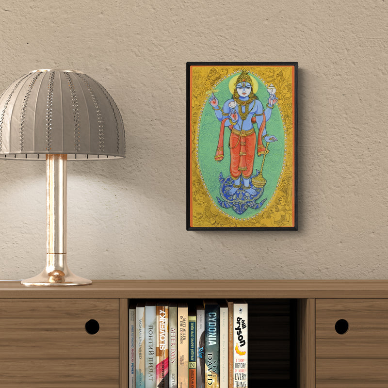 Preview of 'Kurma Avatar (Vishnu's Kurma Avatar)' Painting by Manisha Srivastava shown on a wall in a furnished room.