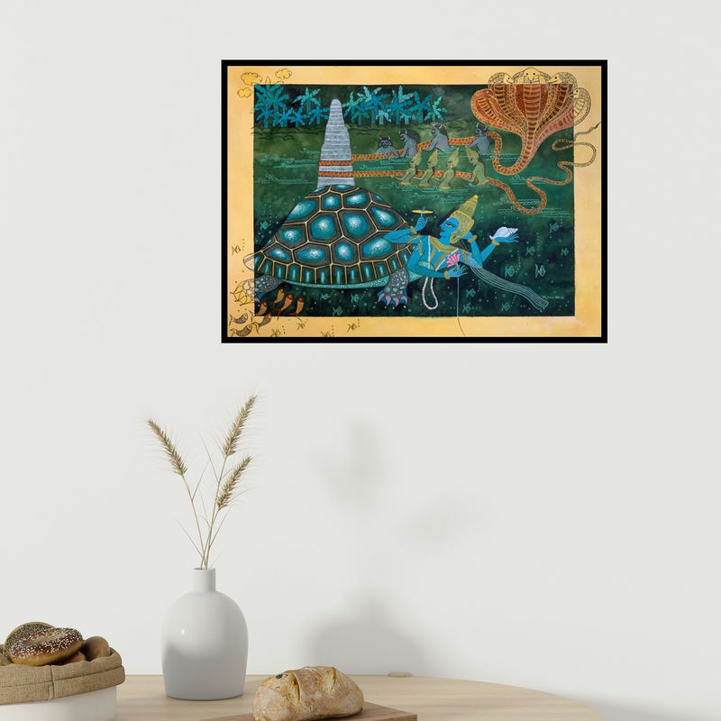 In-situ view of Yojana Dehankar's 'Kurmavatar (Cosmic Churn)' painting in a room