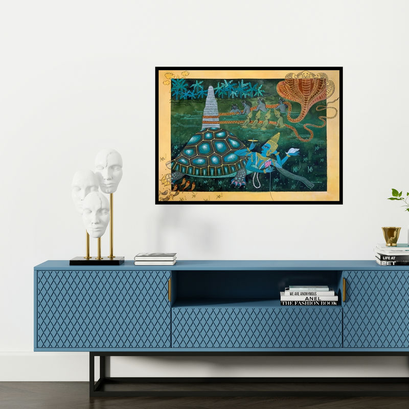 Preview of 'Kurmavatar (Cosmic Churn)' Painting by Yojana Dehankar shown on a wall in a furnished room.