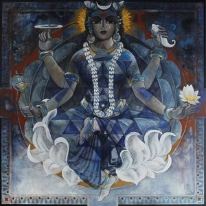 Religious acrylic painting titled 'Kushmanda', 36x36 inches, by artist N P Rajeshwarr on Canvas