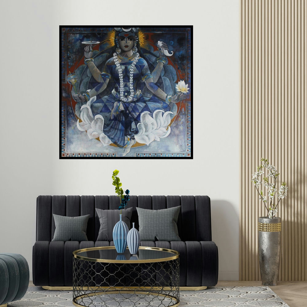 N P Rajeshwarr's 'Kushmanda (Goddess Kali)' painting visualized above a sofa in a contemporary room.