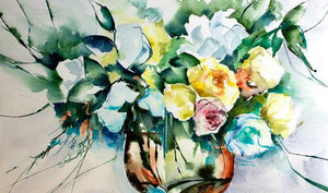 La Groupie Du Pianiste (Reflections of Spring: A Floral Reverie) by Veronique Piaser-Moyen, Original Watercolor Still-Life Painting on Paper, Small Horizontal Wall Art