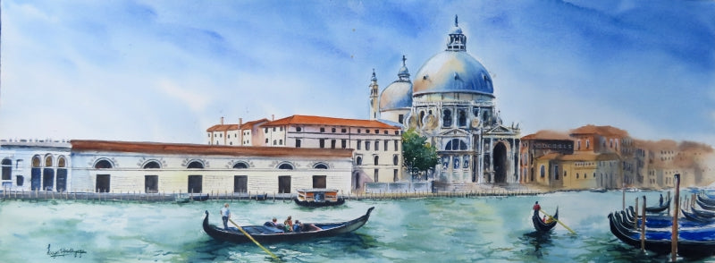 'La Salute Venice' cityscape watercolor painting by artist Lasya Upadhyaya, 11x30 inch, on paper