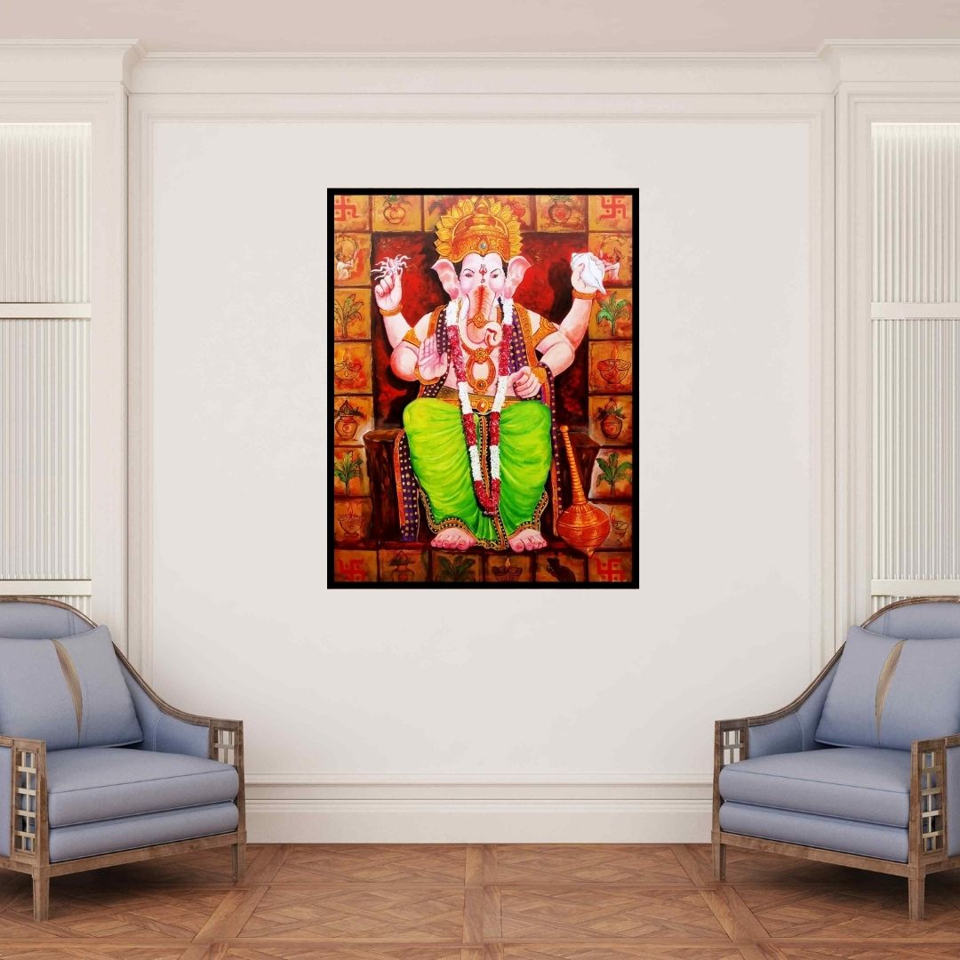 In-situ view of Arjun Das's 'Laalbagcha Raja (Ganesha)' painting in a room