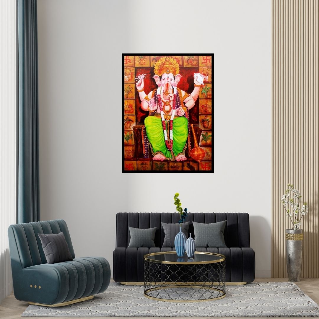 Preview of 'Laalbagcha Raja (Ganesha)' Painting by Arjun Das shown on a wall in a furnished room.