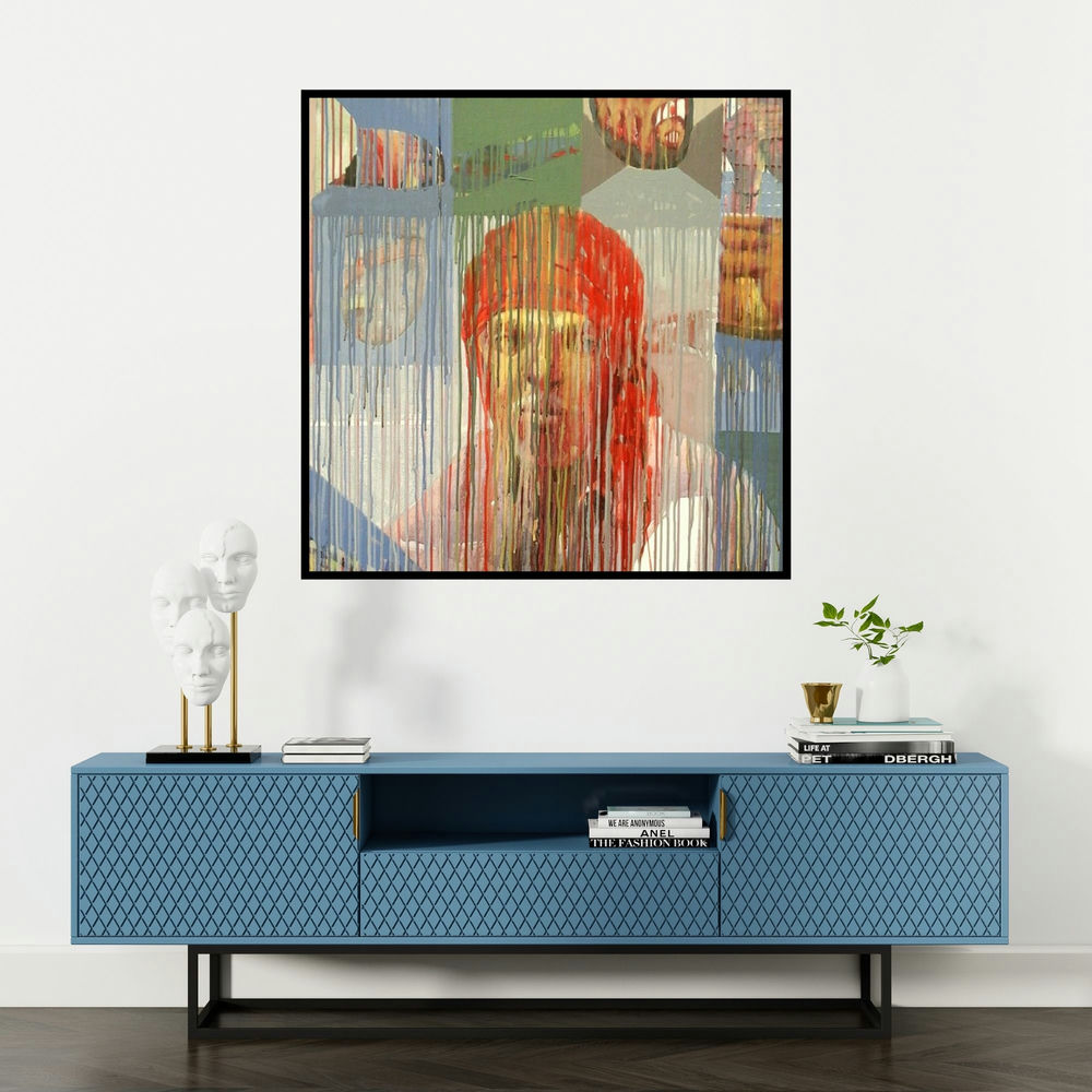 'A Labour 1 (Veiled Existence: A Portrait in Dripping Hues)' painting by Amol Satre shown on a wall in a furnished room.