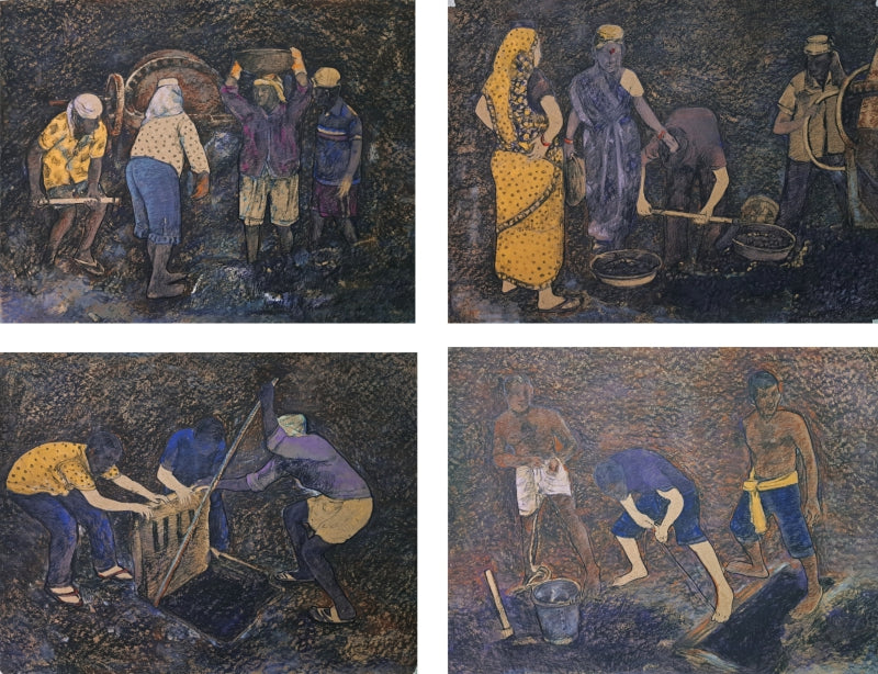 Labour' figurative mixed-media painting by artist Krishnapada Maity, 12x15 inch, on paper