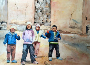 Ladakh by Shagufta Mehdi, Original Watercolor Figurative Painting on Paper, Small Horizontal Wall Art