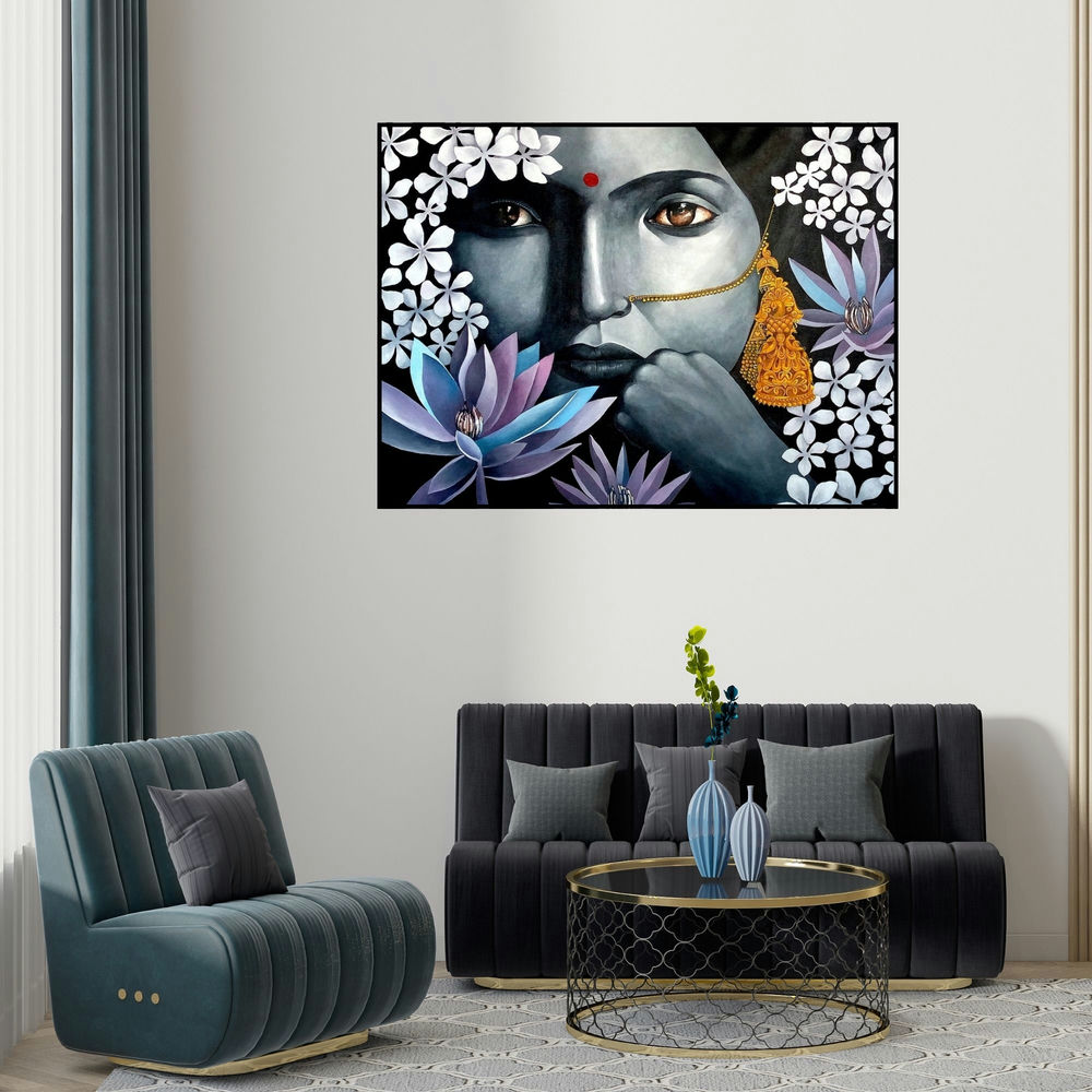 Ranjith Raghupathy's 'Lady' painting visualized above a sofa in a contemporary room.