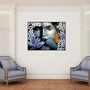 'Lady' painting by Ranjith Raghupathy shown on a wall in a furnished room.