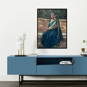 'Lady (Untitled)' painting by Swapnil Pate shown on a wall in a furnished room.