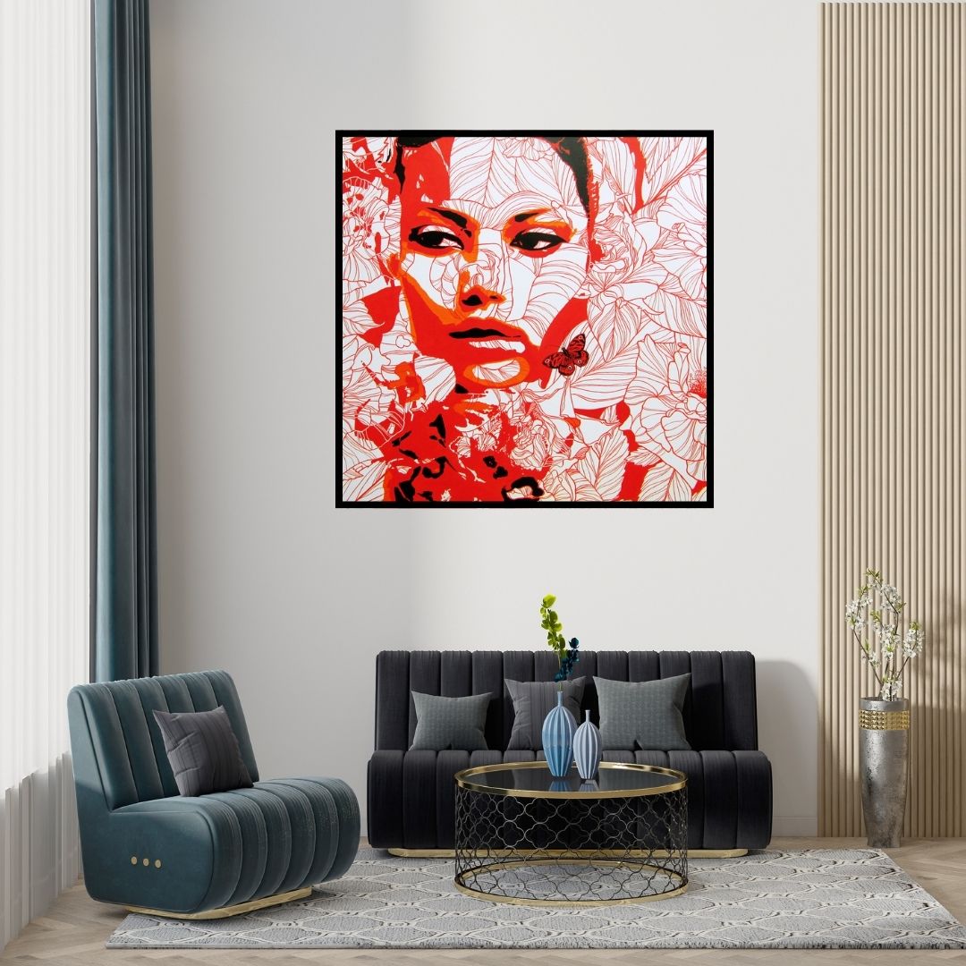 Preview of 'The Lady 3 (Emergence)' Painting by Sujit Karmakar shown on a wall in a furnished room.