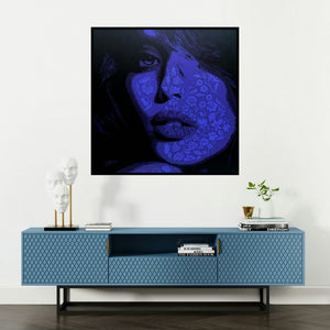 'The Lady 6 (Bloom Within)' painting by Sujit Karmakar shown on a wall in a furnished room.