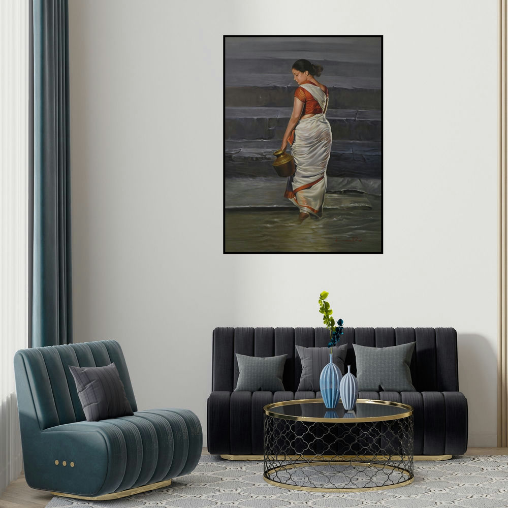Kamal Rao's 'Lady' painting visualized above a sofa in a contemporary room.