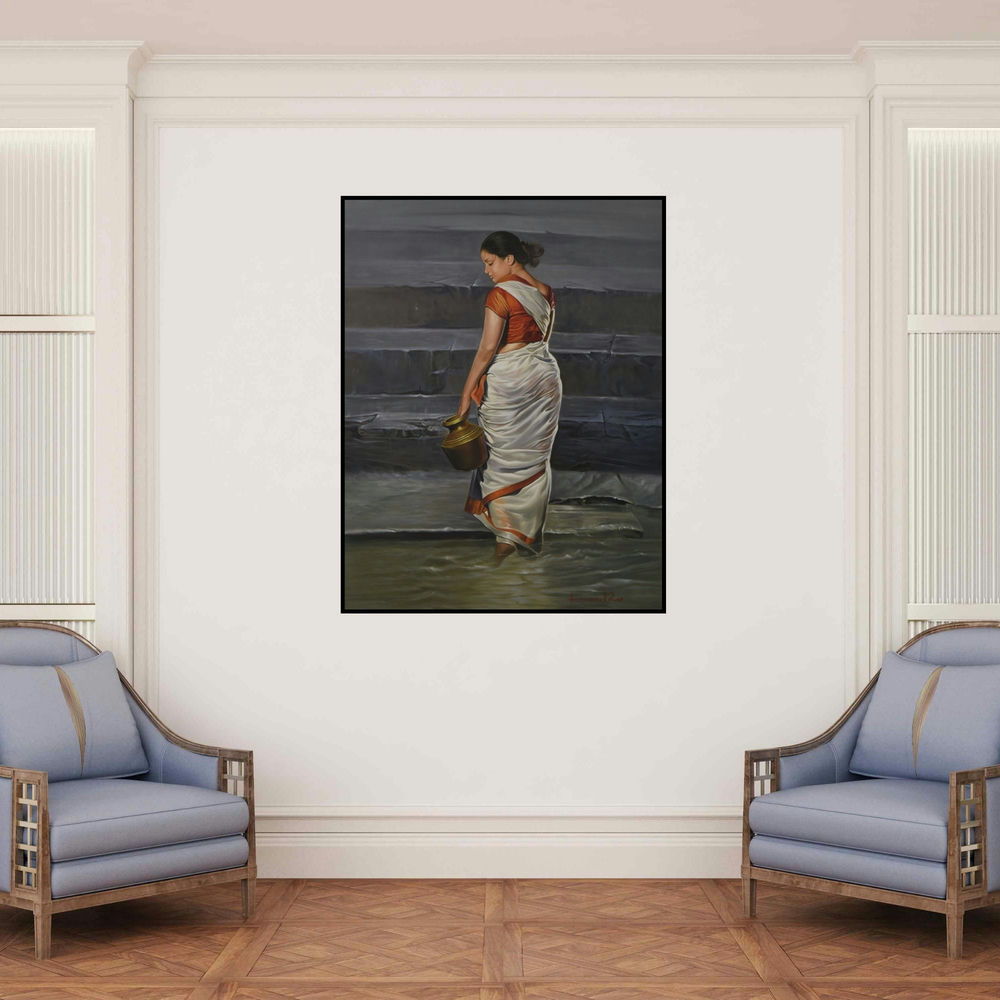 'Lady' painting by Kamal Rao shown on a wall in a furnished room.