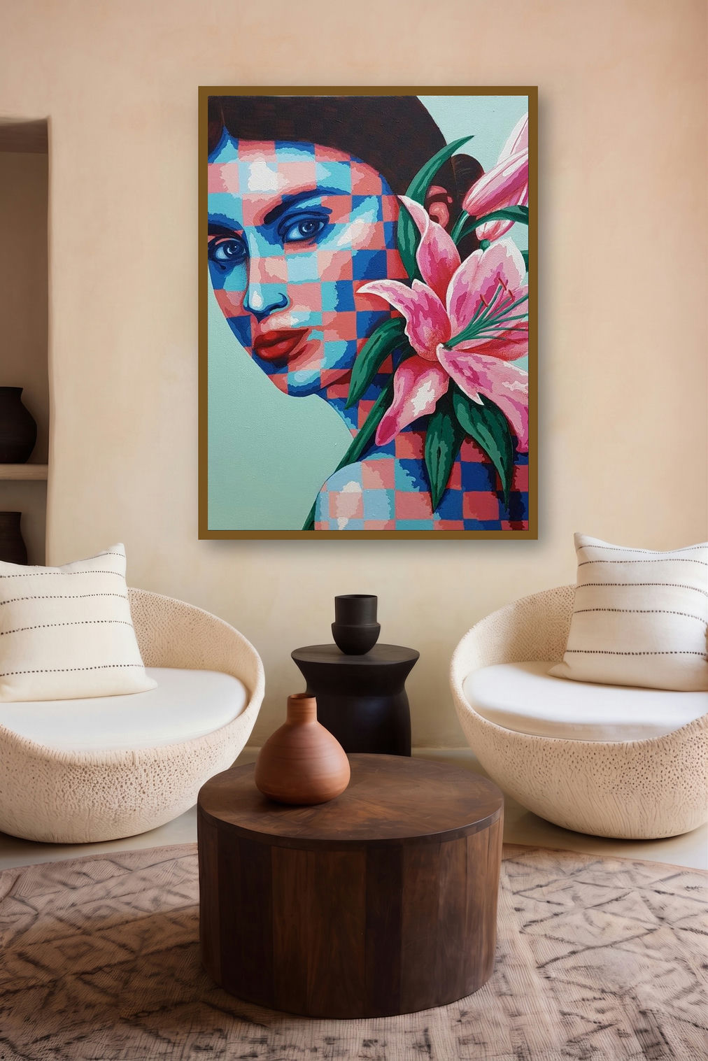 Lady And Lilies by artist Sonaly Gandhi displayed in a Luxury gallery