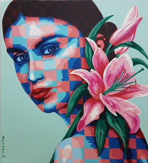 Lady And Lilies by Sonaly Gandhi, Original Acrylic Figurative Painting on Canvas, Small Vertical Wall Art