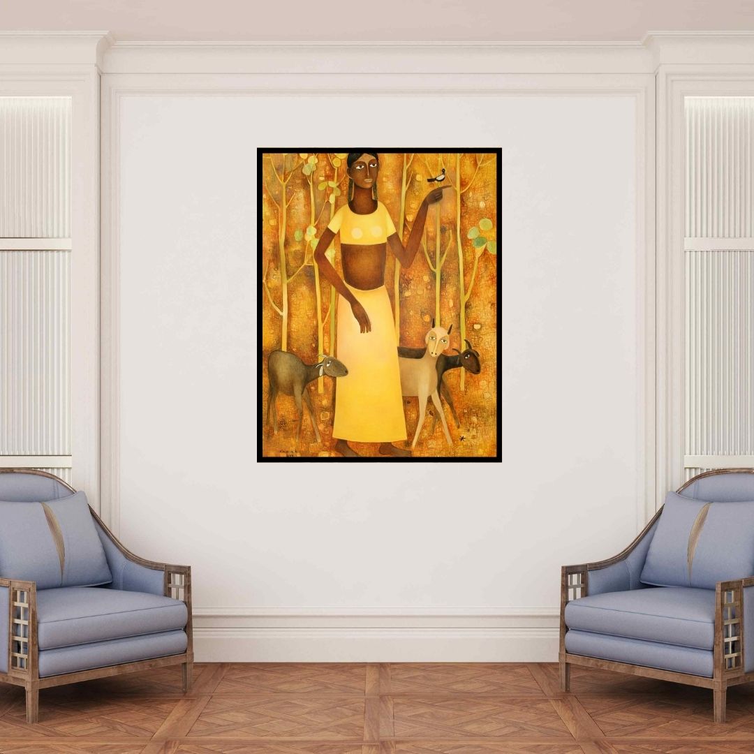 In-situ view of Mohan Naik's 'Lady With Animals' painting in a room