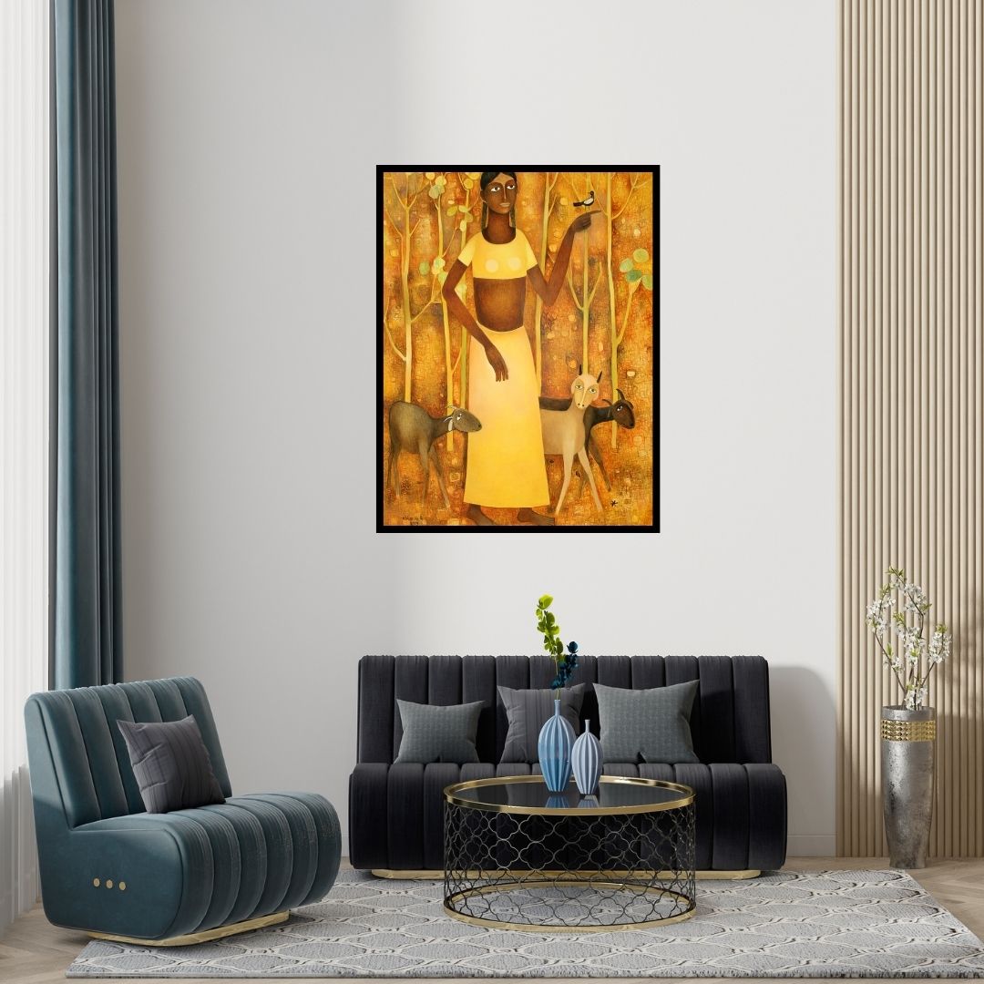 Preview of 'Lady With Animals' Painting by Mohan Naik shown on a wall in a furnished room.