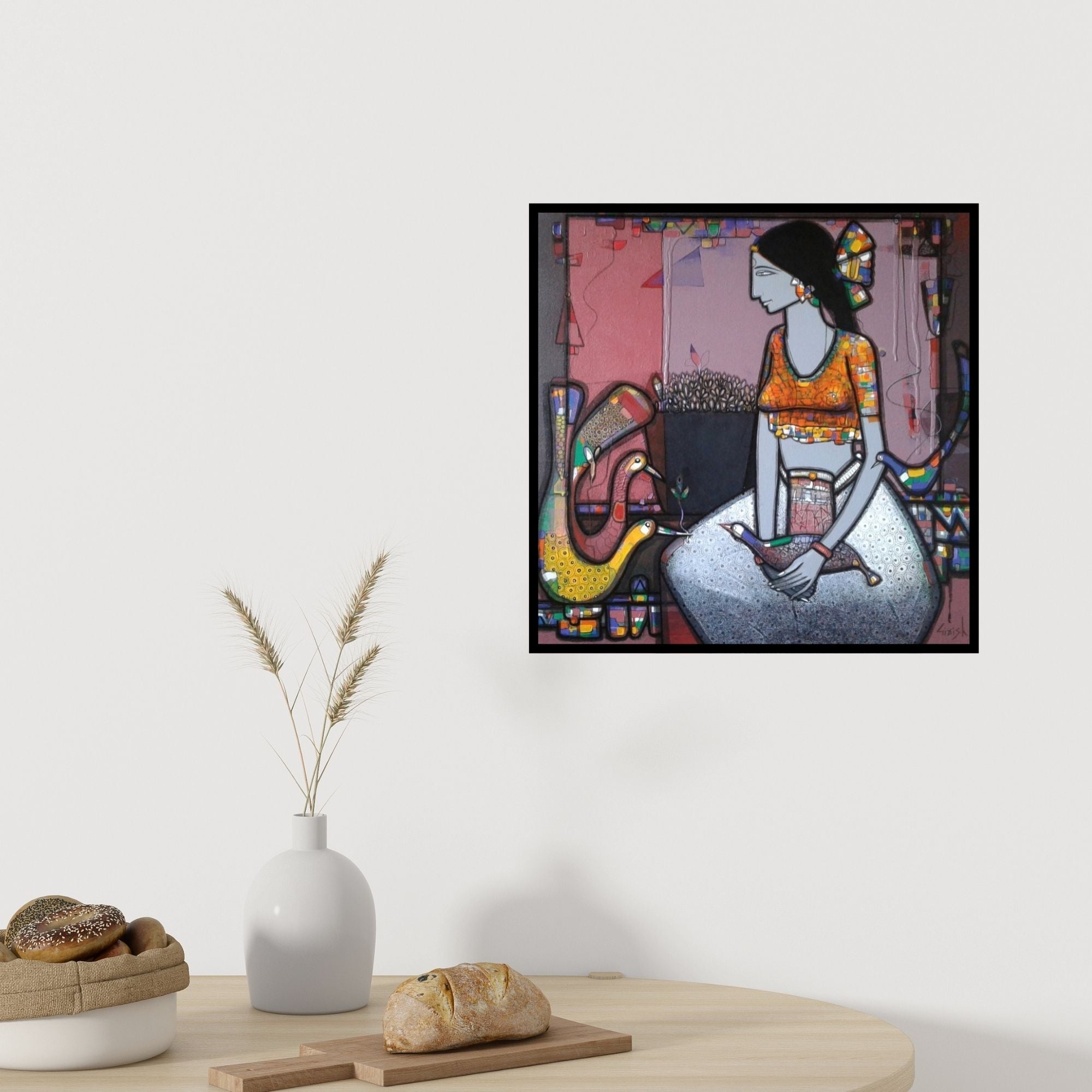 In-situ view of Girish Adannavar's 'Lady With Bird 1' painting in a room