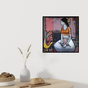 In-situ view of Girish Adannavar's 'Lady With Bird 1' painting in a room