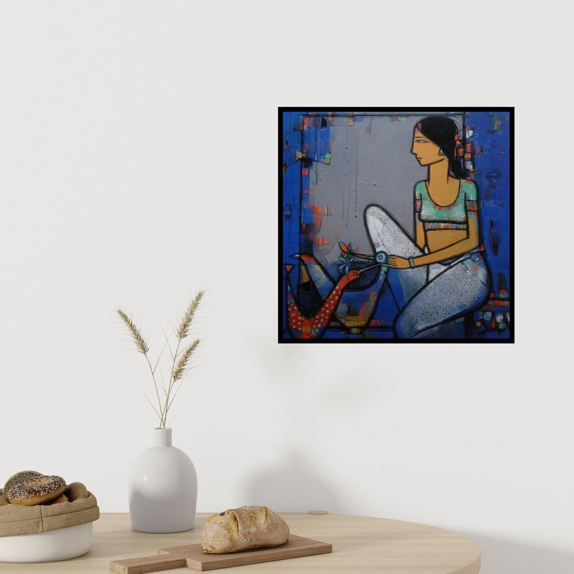 In-situ view of Girish Adannavar's 'Lady With Bird 4' painting in a room