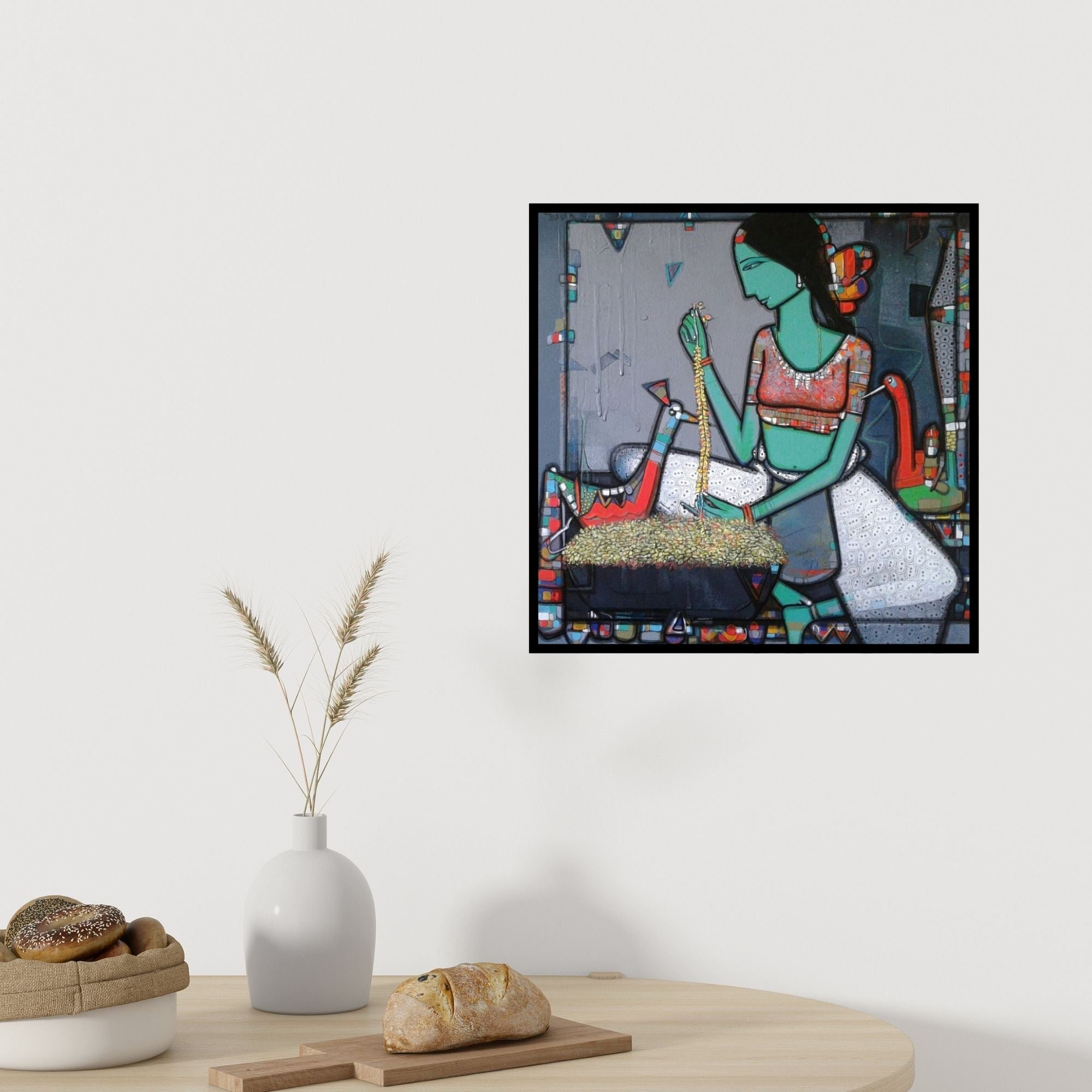 In-situ view of Girish Adannavar's 'Lady With Bird 5' painting in a room