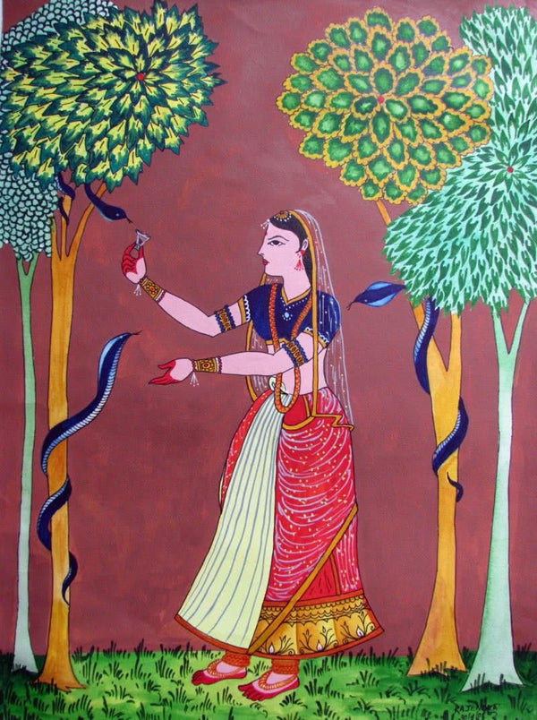 Lady Feeding Snakes Painting by Rajendra V | ArtZolo.com
