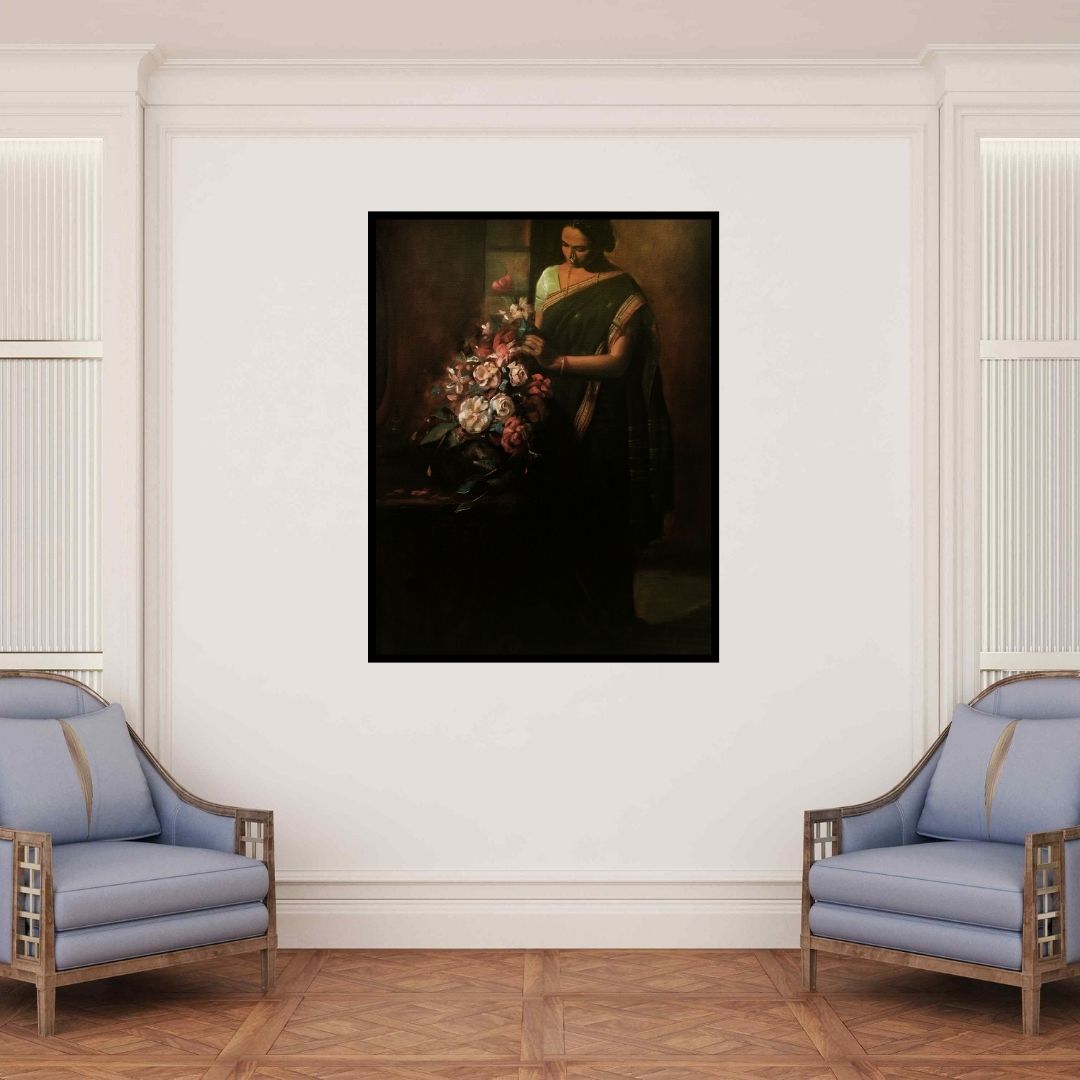 In-situ view of Ramesh Nanware's 'Lady With Flower (Jungle Enchantment)' painting in a room