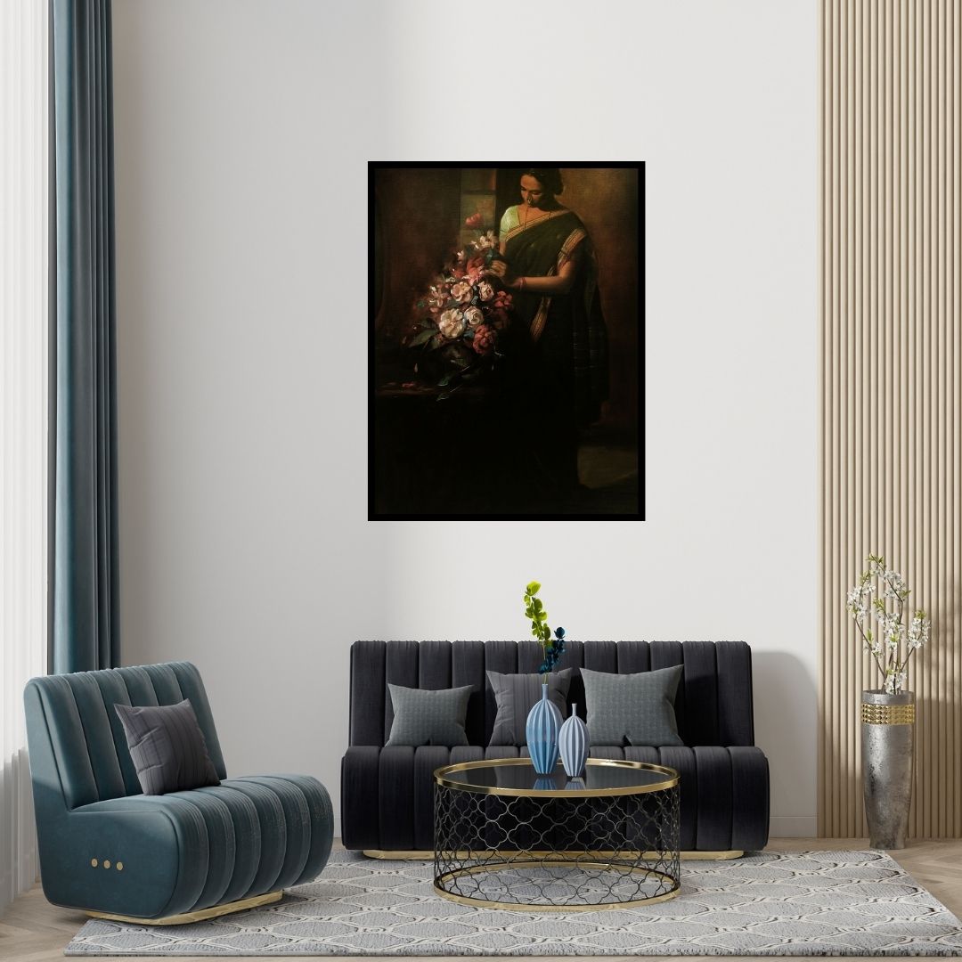 Preview of 'Lady With Flower (Jungle Enchantment)' Painting by Ramesh Nanware shown on a wall in a furnished room.