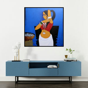 'Lady With Flower 2 (Adorning Herself)' painting by Gajraj Chavan shown on a wall in a furnished room.